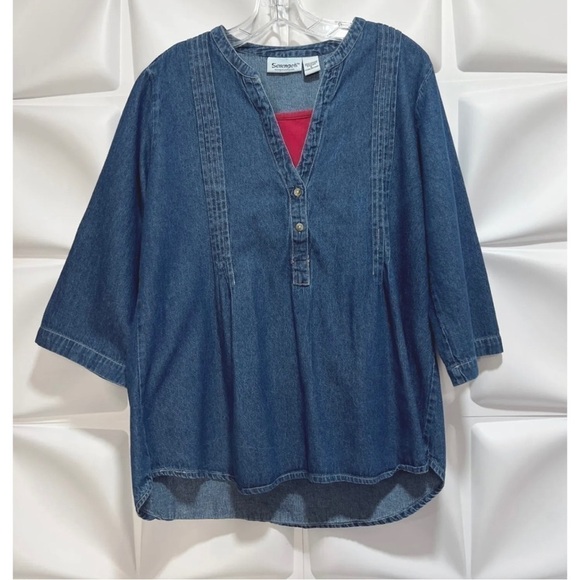Serengeti Catalog Womens Sz L Blue Denim Pin-tuck Blouse Henley Top Faux Layered - Picture 7 of 7